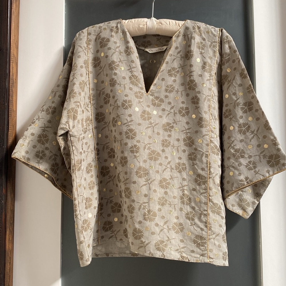 Oscar de la Renta Vintage Green Floral Top With Metallic Gold Dots